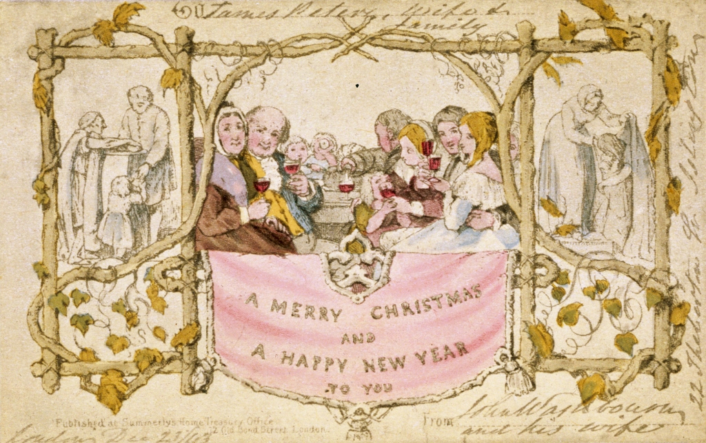 De Engelse tekenaar John Callcott Horsley maakte in 1843 de eerste kerstkaart met de pakkende tekst "A Merry Christmas and a Happy New Year to You.” (Vrolijk kerstfeest en een gelukkig nieuwjaar voor u) Deze eerste kaart toonde een kerstviering van een gezin.